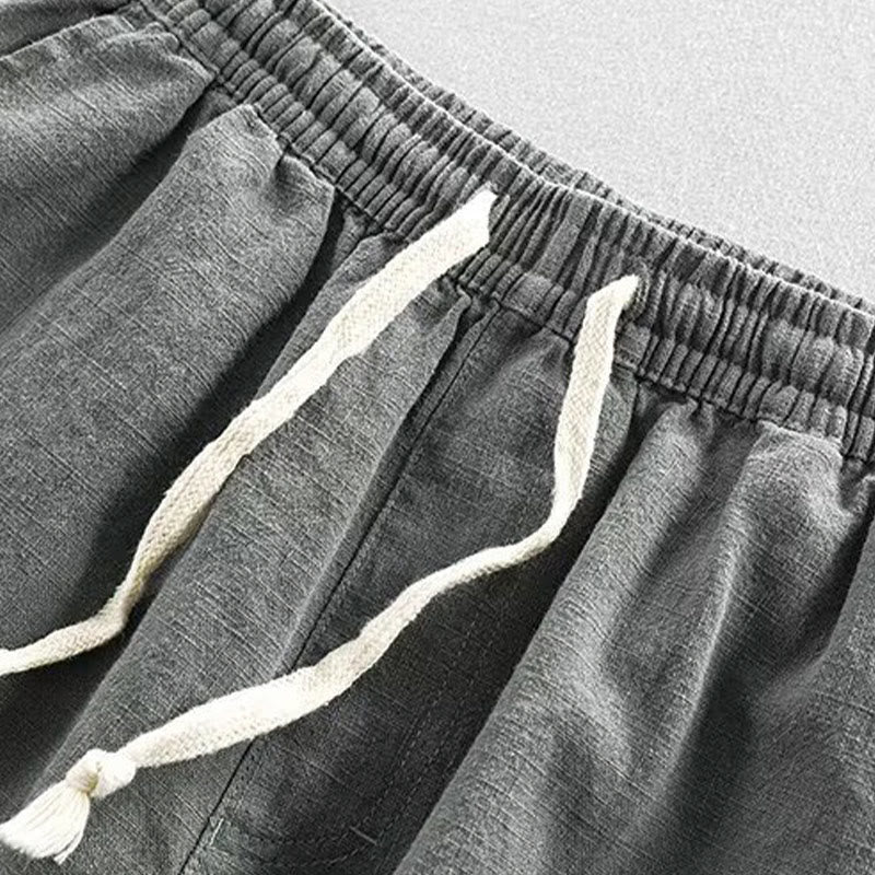 Buddha Stones Drawstring Elastic Waist Cropped Cotton Linen Men's Shorts With Pockets