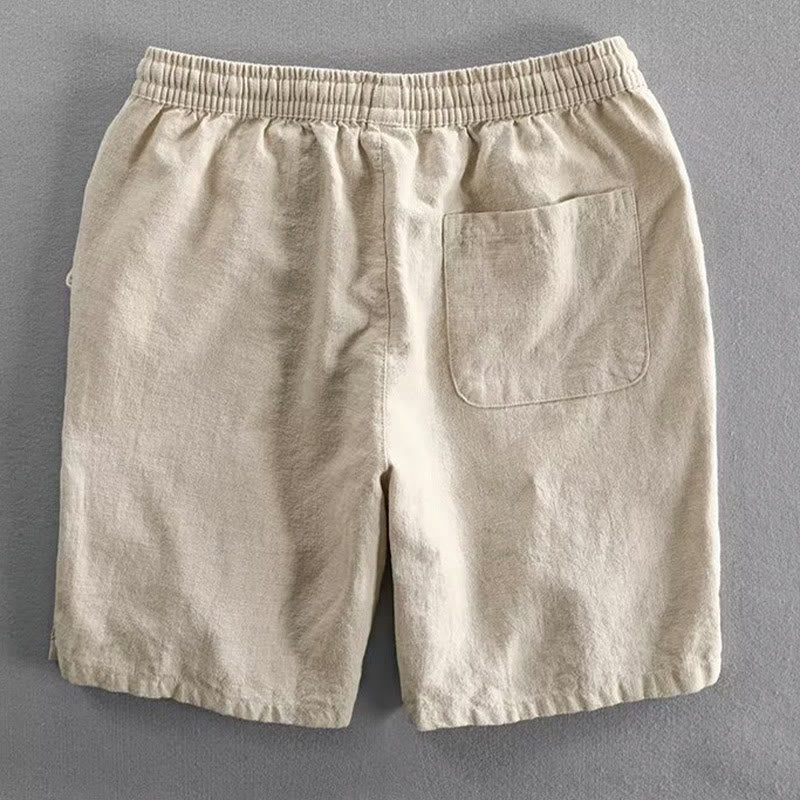 Buddha Stones Drawstring Elastic Waist Cropped Cotton Linen Men's Shorts With Pockets