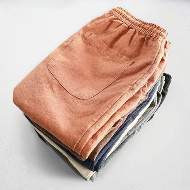 Buddha Stones Drawstring Elastic Waist Cropped Cotton Linen Men's Shorts With Pockets