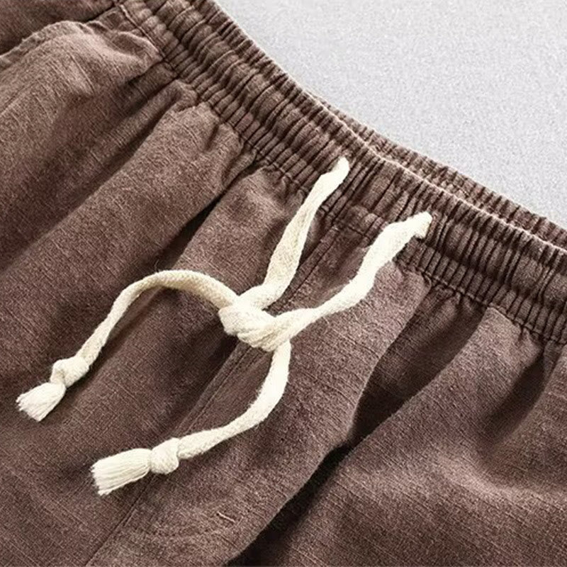 Buddha Stones Drawstring Elastic Waist Cropped Cotton Linen Men's Shorts With Pockets