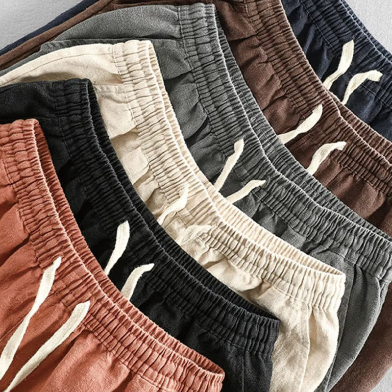 Buddha Stones Drawstring Elastic Waist Cropped Cotton Linen Men's Shorts With Pockets