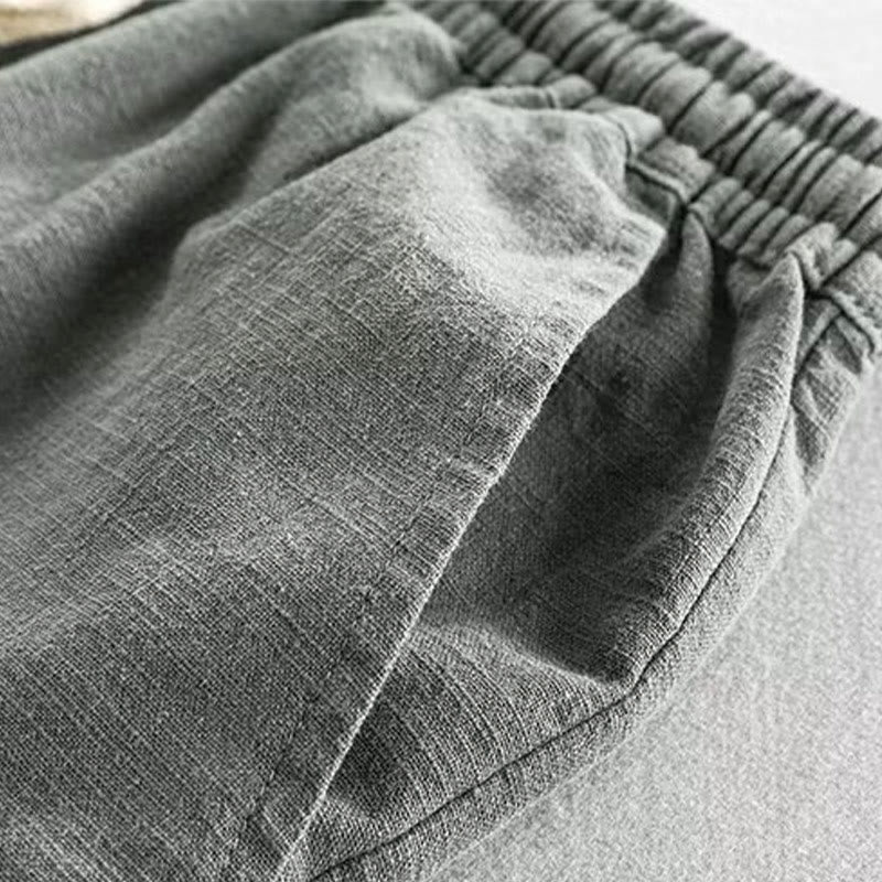 Buddha Stones Drawstring Elastic Waist Cropped Cotton Linen Men's Shorts With Pockets