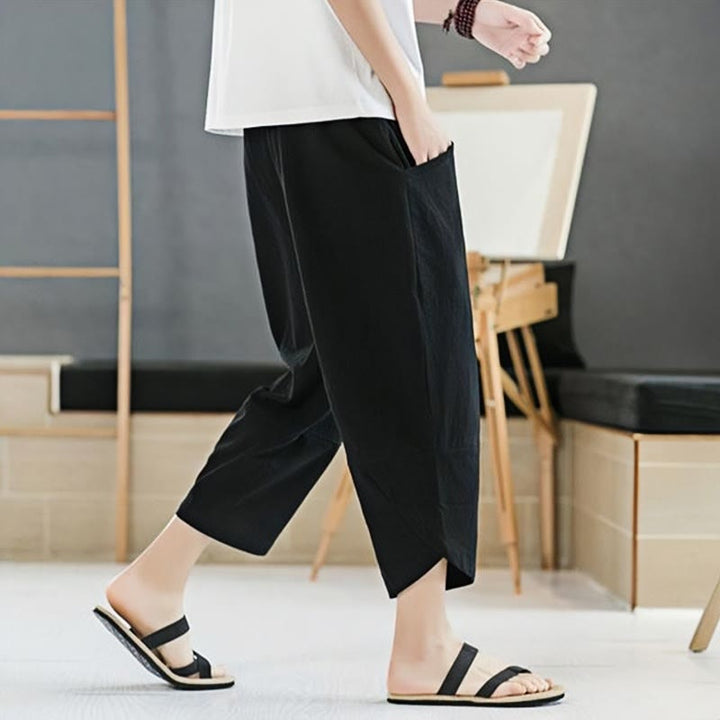 Buddha Stones Summer Men's Solid Color 7-8 Length Cotton Linen Drawstring Pants With Pockets