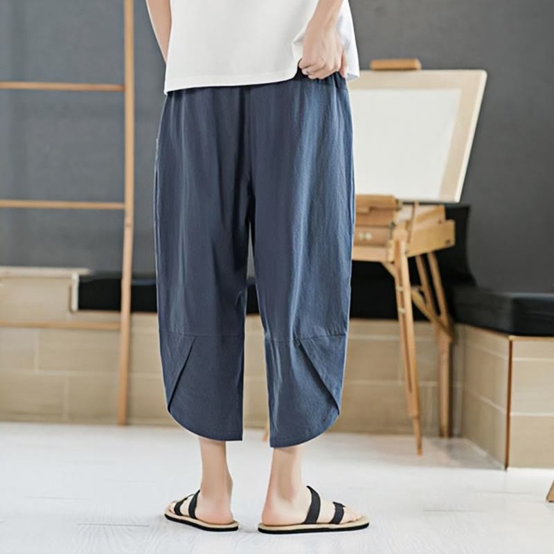 Buddha Stones Summer Men's Solid Color 7-8 Length Cotton Linen Drawstring Pants With Pockets