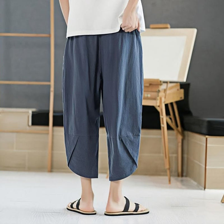 Buddha Stones Summer Men's Solid Color 7-8 Length Cotton Linen Drawstring Pants With Pockets