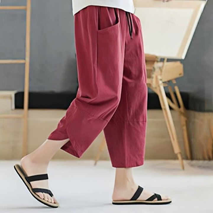 Buddha Stones Summer Men's Solid Color 7-8 Length Cotton Linen Drawstring Pants With Pockets