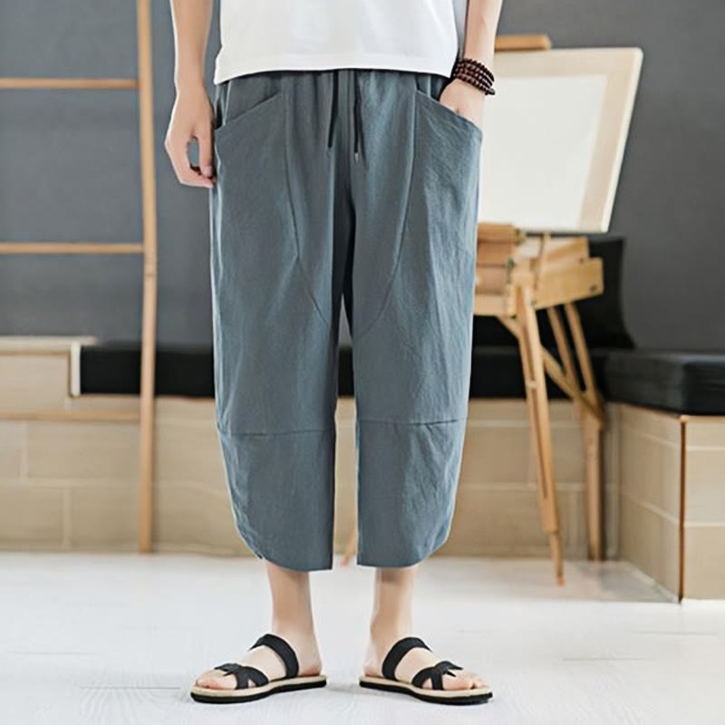 Buddha Stones Summer Men's Solid Color 7-8 Length Cotton Linen Drawstring Pants With Pockets - image 1