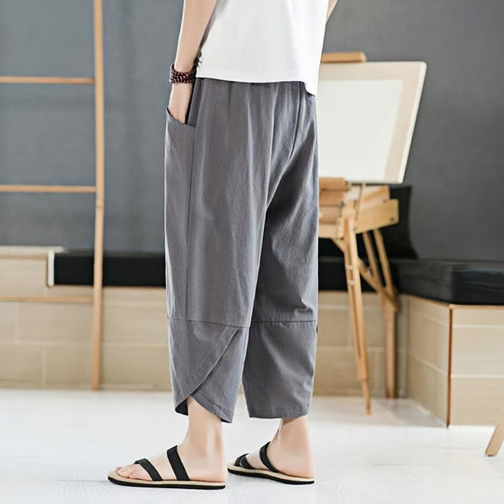 Buddha Stones Summer Men's Solid Color 7-8 Length Cotton Linen Drawstring Pants With Pockets