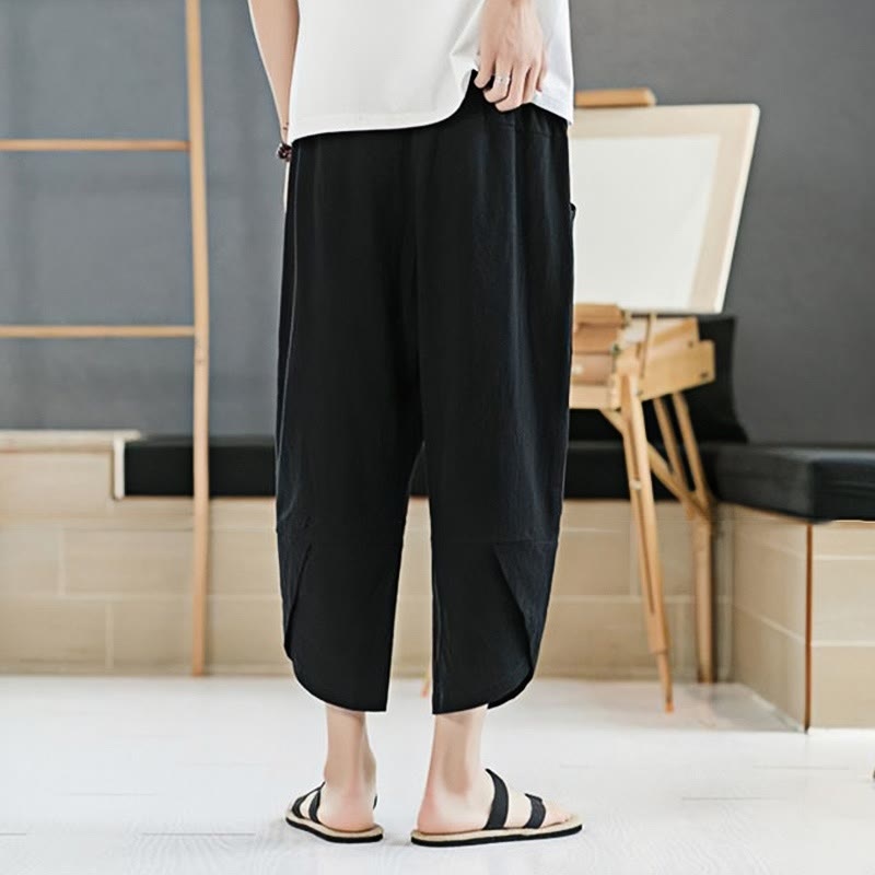 Buddha Stones Summer Men's Solid Color 7-8 Length Cotton Linen Drawstring Pants With Pockets
