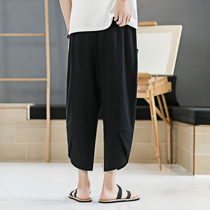 Buddha Stones Summer Men's Solid Color 7-8 Length Cotton Linen Drawstring Pants With Pockets