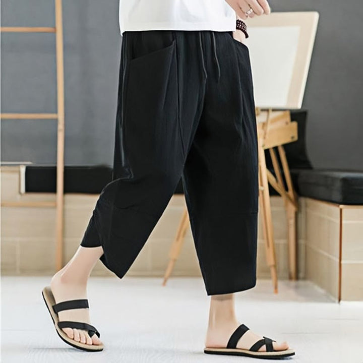 Buddha Stones Summer Men's Solid Color 7-8 Length Cotton Linen Drawstring Pants With Pockets