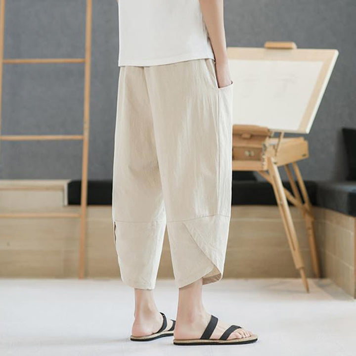 Buddha Stones Summer Men's Solid Color 7-8 Length Cotton Linen Drawstring Pants With Pockets
