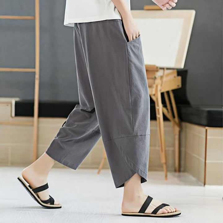 Buddha Stones Summer Men's Solid Color 7-8 Length Cotton Linen Drawstring Pants With Pockets