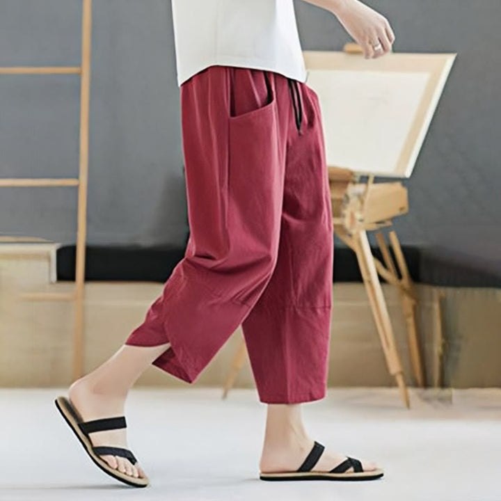 Buddha Stones Summer Men's Solid Color 7-8 Length Cotton Linen Drawstring Pants With Pockets