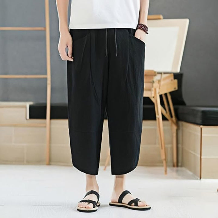 Buddha Stones Summer Men's Solid Color 7-8 Length Cotton Linen Drawstring Pants With Pockets