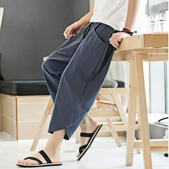 Buddha Stones Summer Men's Solid Color 7-8 Length Cotton Linen Drawstring Pants With Pockets