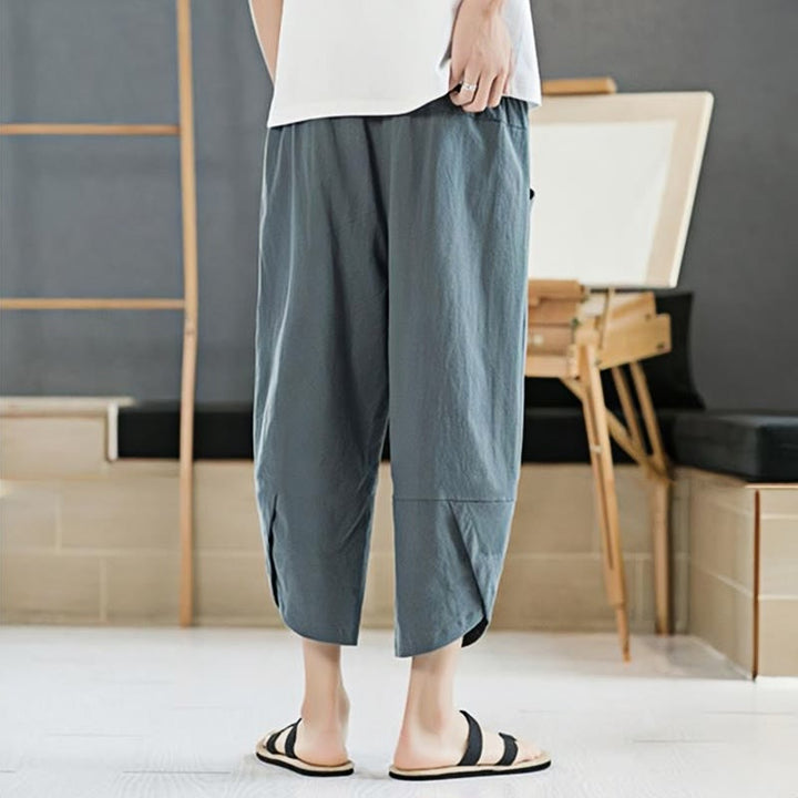 Buddha Stones Summer Men's Solid Color 7-8 Length Cotton Linen Drawstring Pants With Pockets