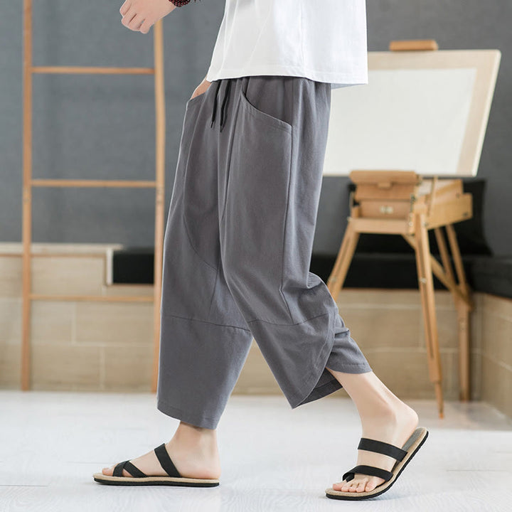 Buddha Stones Summer Men's Solid Color 7-8 Length Cotton Linen Drawstring Pants With Pockets