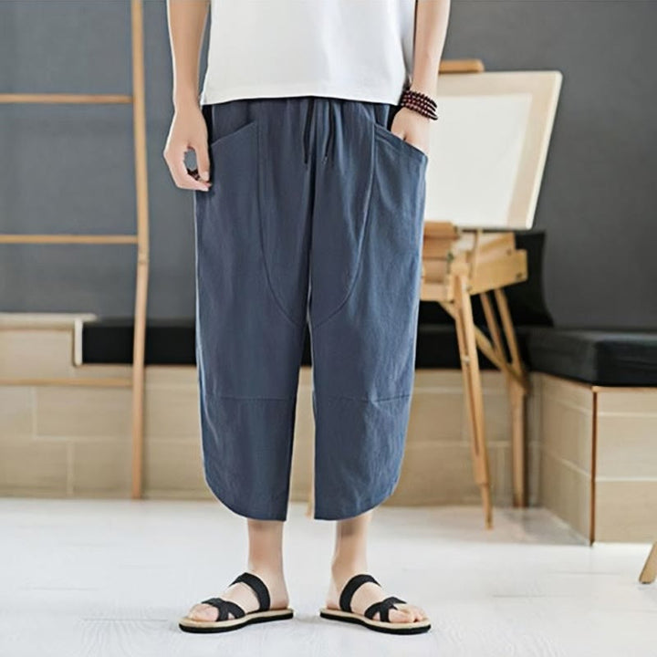 Buddha Stones Summer Men's Solid Color 7-8 Length Cotton Linen Drawstring Pants With Pockets