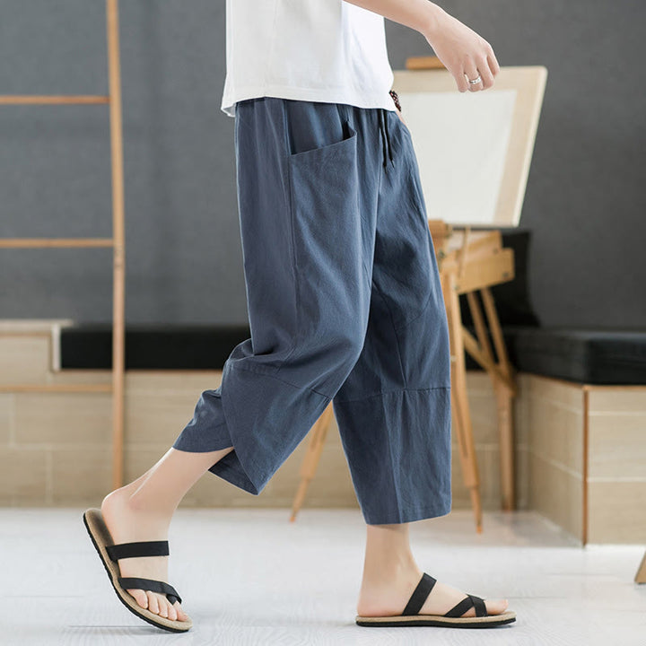 Buddha Stones Summer Men's Solid Color 7-8 Length Cotton Linen Drawstring Pants With Pockets