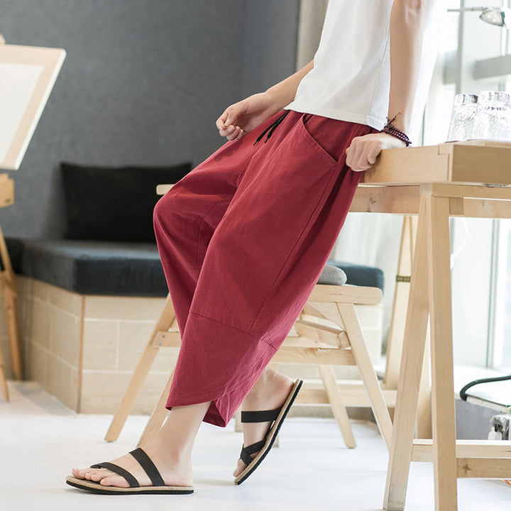 Buddha Stones Summer Men's Solid Color 7-8 Length Cotton Linen Drawstring Pants With Pockets