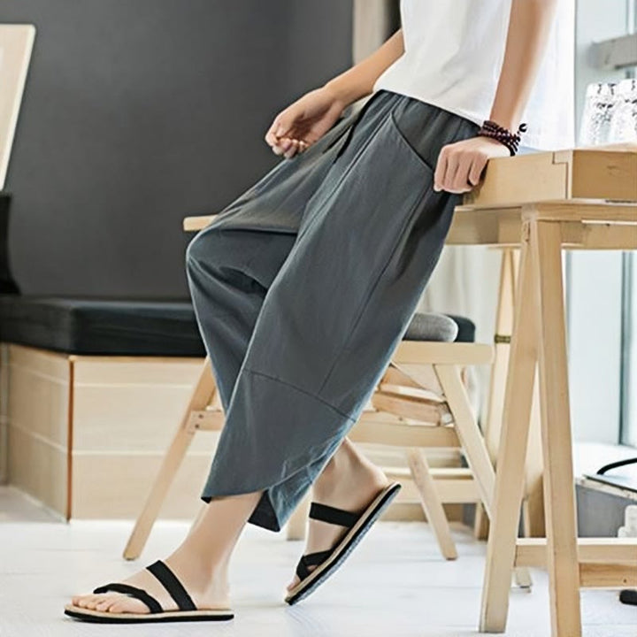 Buddha Stones Summer Men's Solid Color 7-8 Length Cotton Linen Drawstring Pants With Pockets