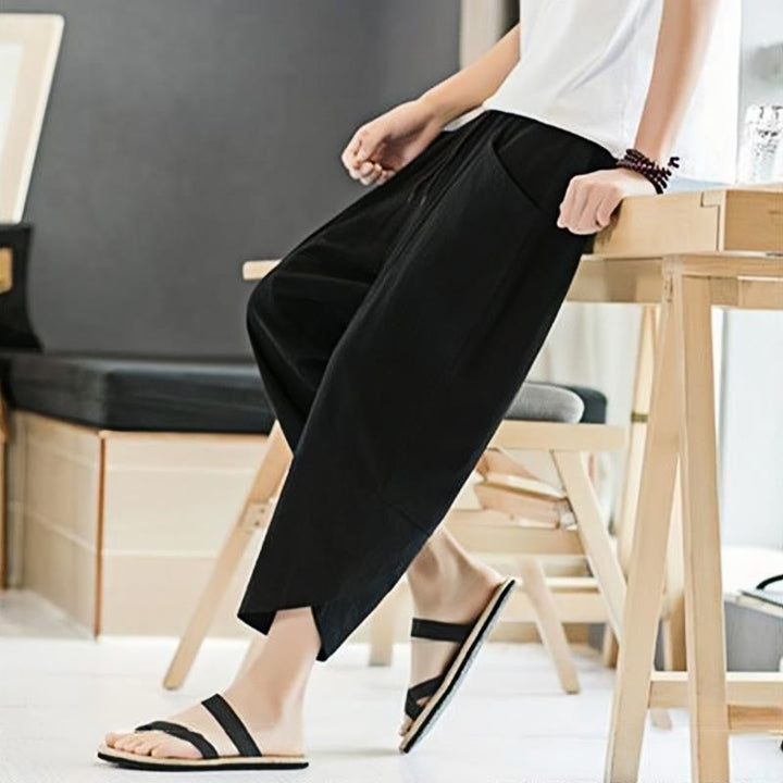 Buddha Stones Summer Men's Solid Color 7-8 Length Cotton Linen Drawstring Pants With Pockets