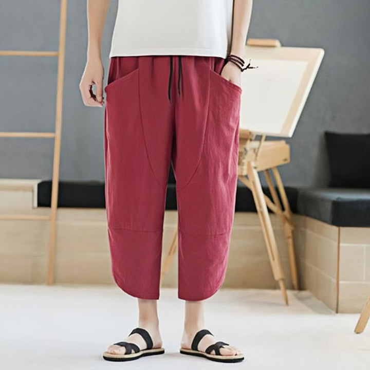 Buddha Stones Summer Men's Solid Color 7-8 Length Cotton Linen Drawstring Pants With Pockets