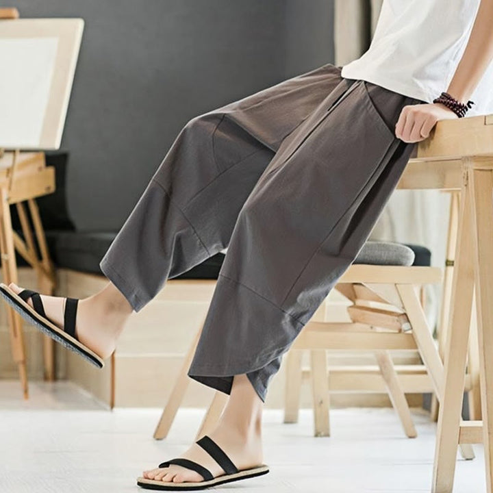Buddha Stones Summer Men's Solid Color 7-8 Length Cotton Linen Drawstring Pants With Pockets