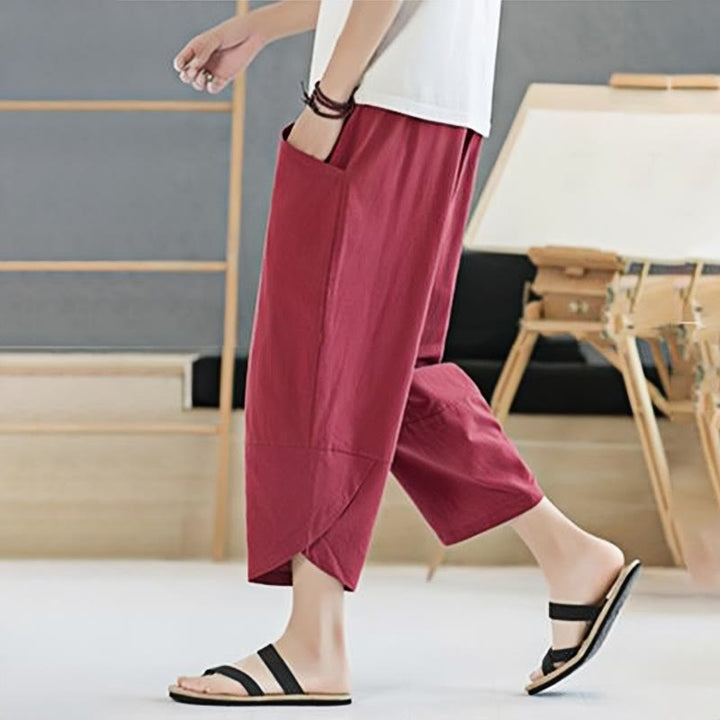 Buddha Stones Summer Men's Solid Color 7-8 Length Cotton Linen Drawstring Pants With Pockets