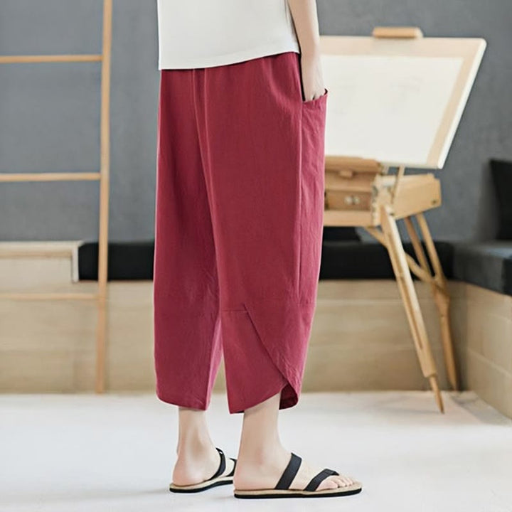 Buddha Stones Summer Men's Solid Color 7-8 Length Cotton Linen Drawstring Pants With Pockets