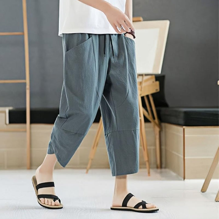 Buddha Stones Summer Men's Solid Color 7-8 Length Cotton Linen Drawstring Pants With Pockets