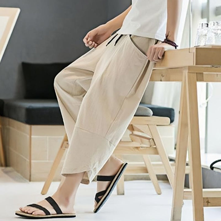 Buddha Stones Summer Men's Solid Color 7-8 Length Cotton Linen Drawstring Pants With Pockets