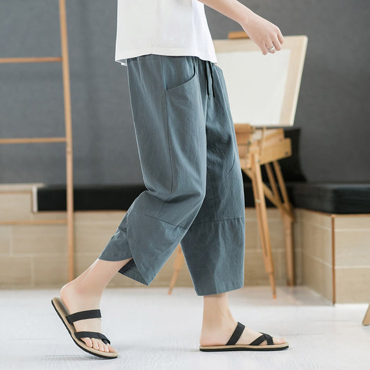 Buddha Stones Summer Men's Solid Color 7-8 Length Cotton Linen Drawstring Pants With Pockets