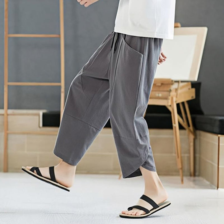 Buddha Stones Summer Men's Solid Color 7-8 Length Cotton Linen Drawstring Pants With Pockets