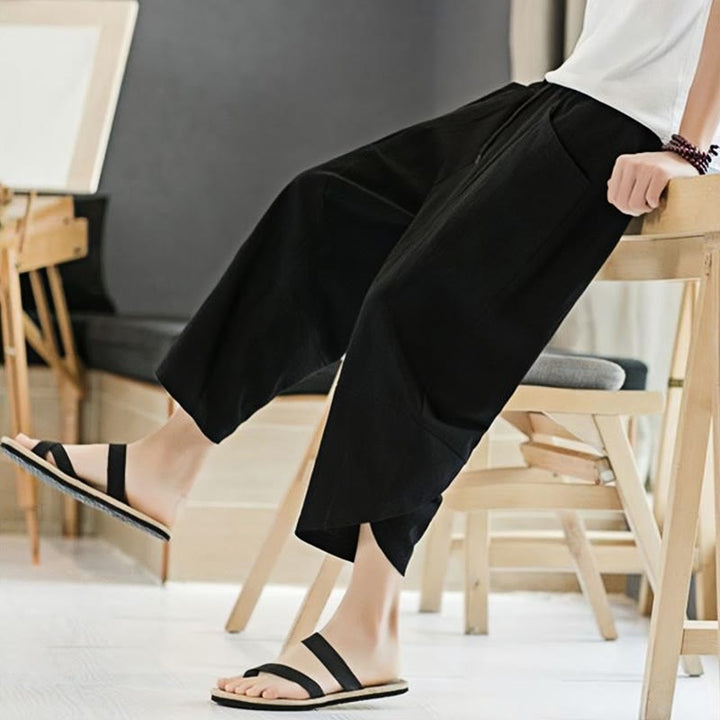 Buddha Stones Summer Men's Solid Color 7-8 Length Cotton Linen Drawstring Pants With Pockets