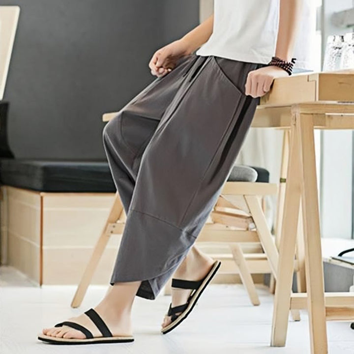 Buddha Stones Summer Men's Solid Color 7-8 Length Cotton Linen Drawstring Pants With Pockets
