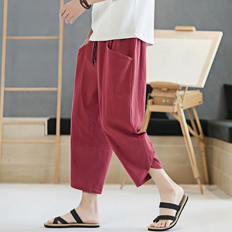Buddha Stones Summer Men's Solid Color 7-8 Length Cotton Linen Drawstring Pants With Pockets
