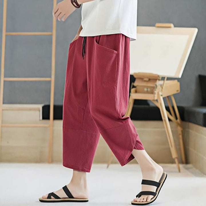 Buddha Stones Summer Men's Solid Color 7-8 Length Cotton Linen Drawstring Pants With Pockets