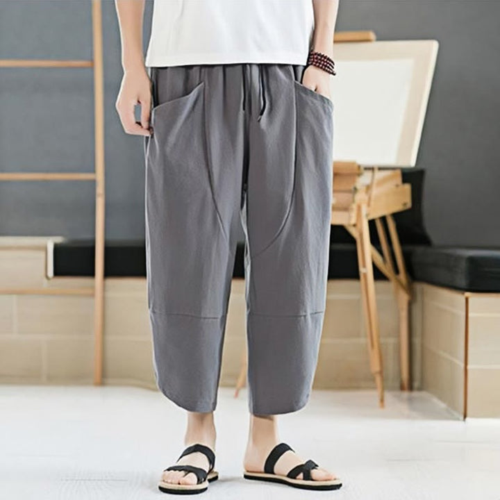 Buddha Stones Summer Men's Solid Color 7-8 Length Cotton Linen Drawstring Pants With Pockets