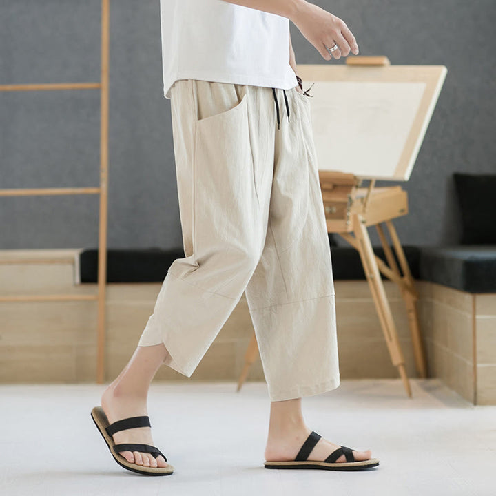 Buddha Stones Summer Men's Solid Color 7-8 Length Cotton Linen Drawstring Pants With Pockets