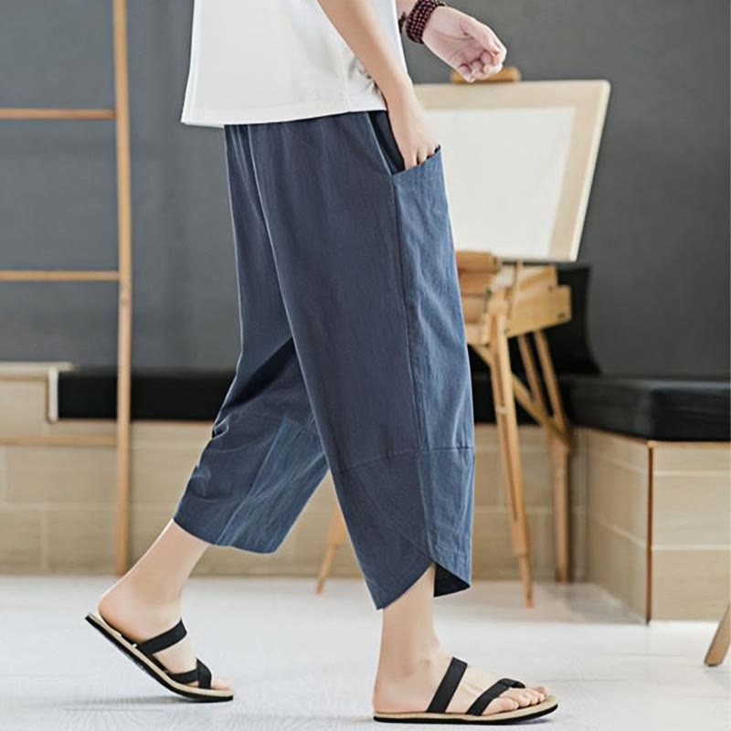 Buddha Stones Summer Men's Solid Color 7-8 Length Cotton Linen Drawstring Pants With Pockets