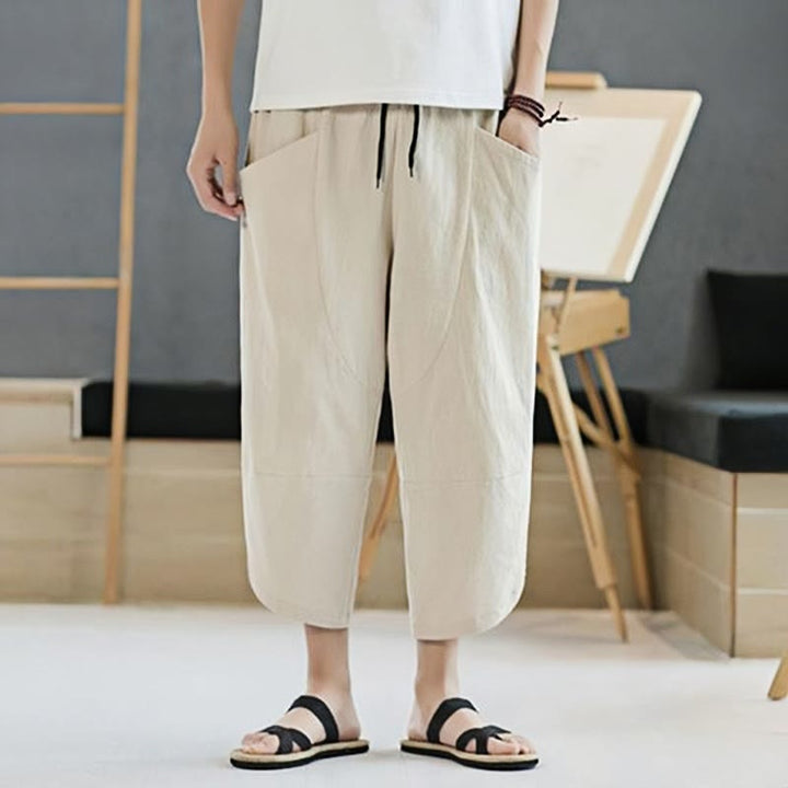 Buddha Stones Summer Men's Solid Color 7-8 Length Cotton Linen Drawstring Pants With Pockets