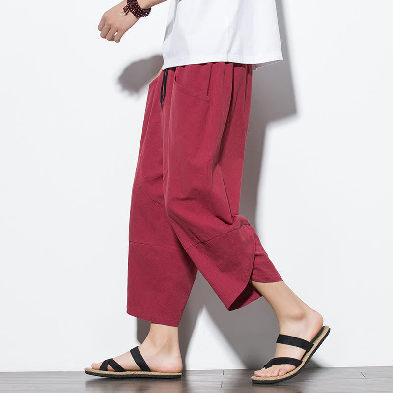 Buddha Stones Summer Men's Solid Color 7-8 Length Cotton Linen Drawstring Pants With Pockets
