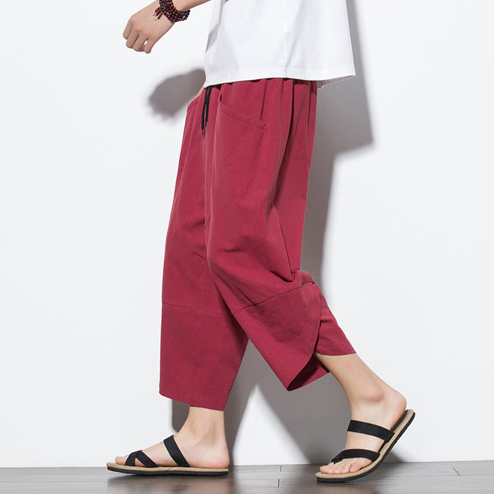 Buddha Stones Summer Men's Solid Color 7-8 Length Cotton Linen Drawstring Pants With Pockets