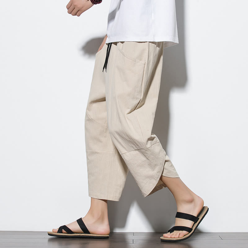 Buddha Stones Summer Men's Solid Color 7-8 Length Cotton Linen Drawstring Pants With Pockets