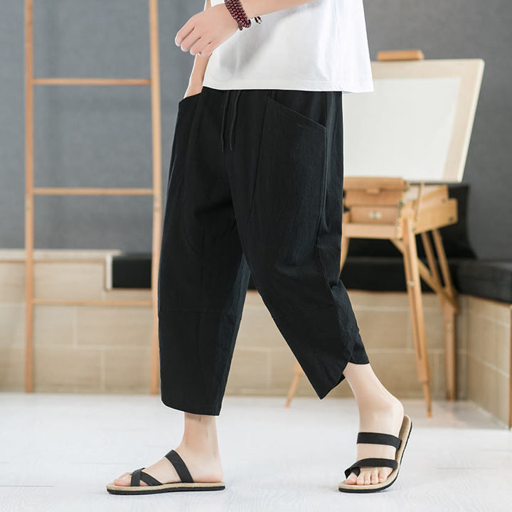 Buddha Stones Summer Men's Solid Color 7-8 Length Cotton Linen Drawstring Pants With Pockets