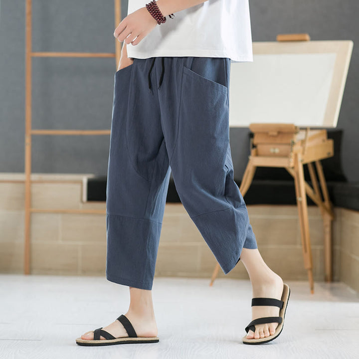 Buddha Stones Summer Men's Solid Color 7-8 Length Cotton Linen Drawstring Pants With Pockets