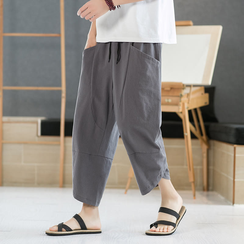 Buddha Stones Summer Men's Solid Color 7-8 Length Cotton Linen Drawstring Pants With Pockets