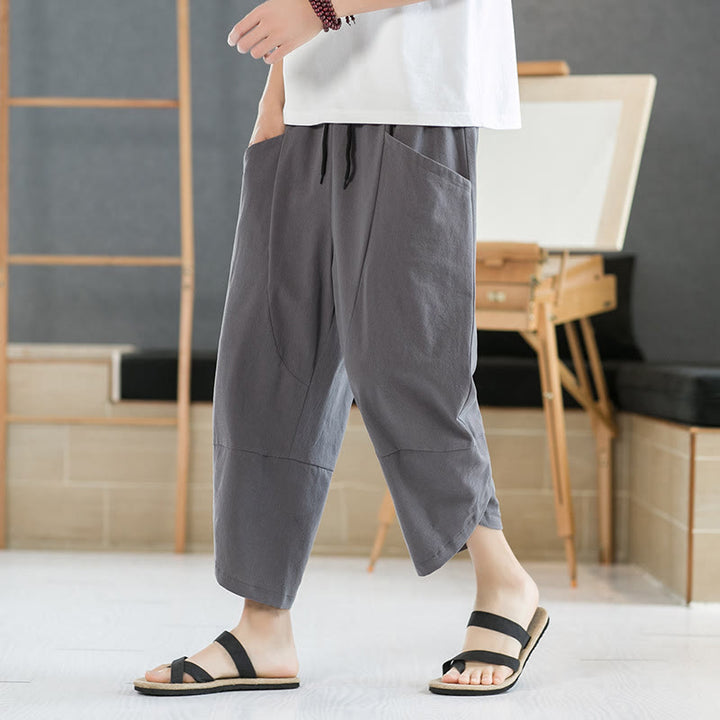 Buddha Stones Summer Men's Solid Color 7-8 Length Cotton Linen Drawstring Pants With Pockets